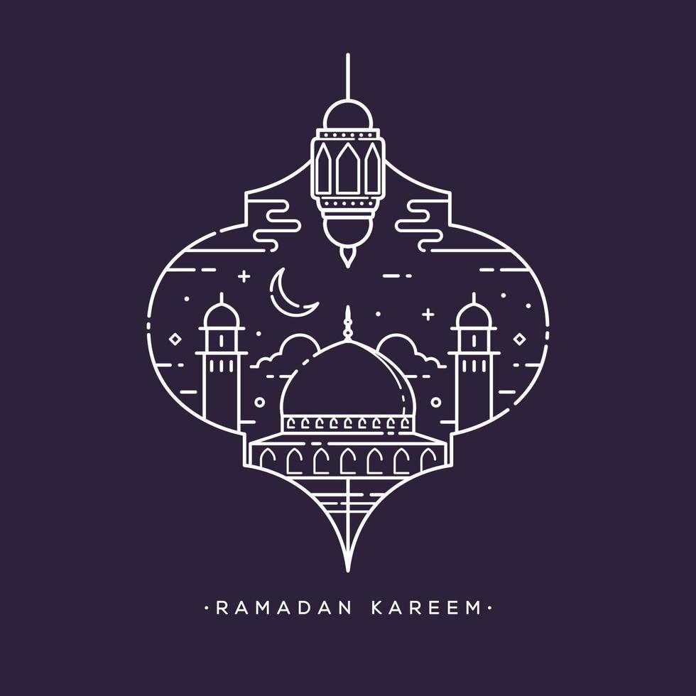 caligrafía árabe ramadan kareem con diseño de arte de línea de mezquita vector