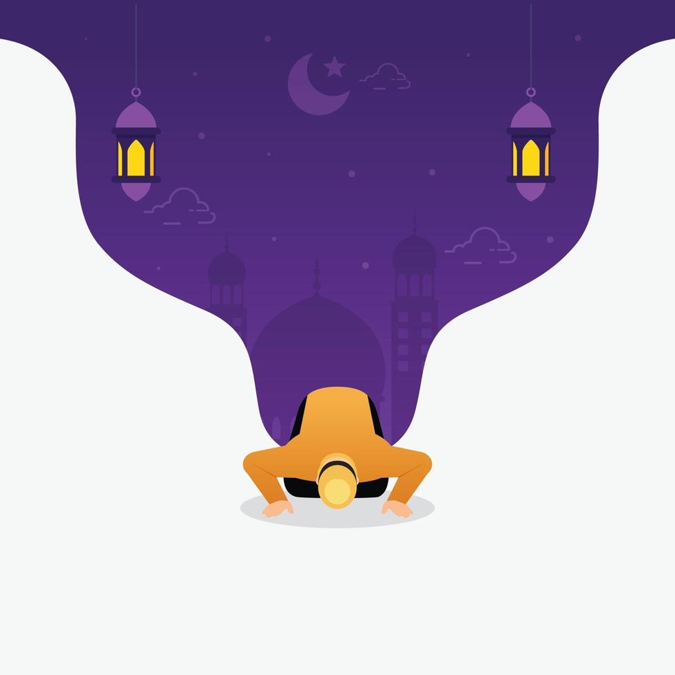Muslim people praying in traditional clothing with ramadan celebration vector