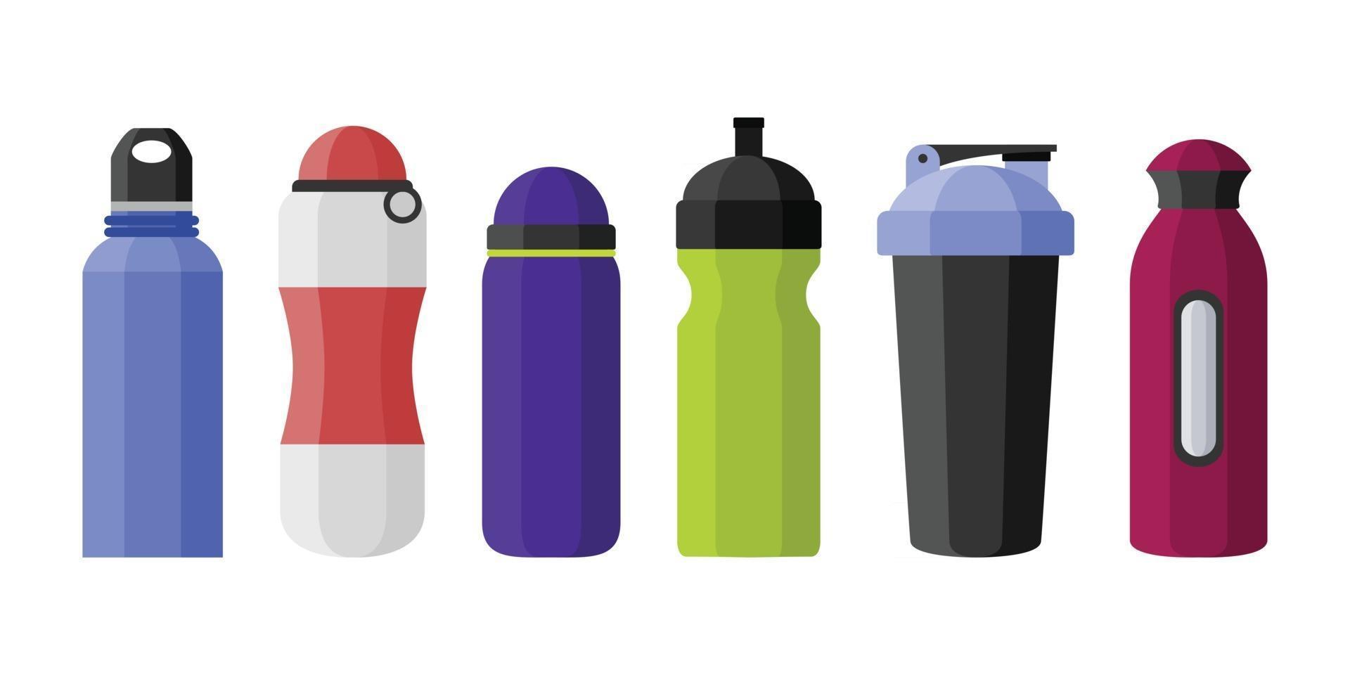 Botellas de agua deportivas de diversas formas aisladas sobre fondo blanco. vector