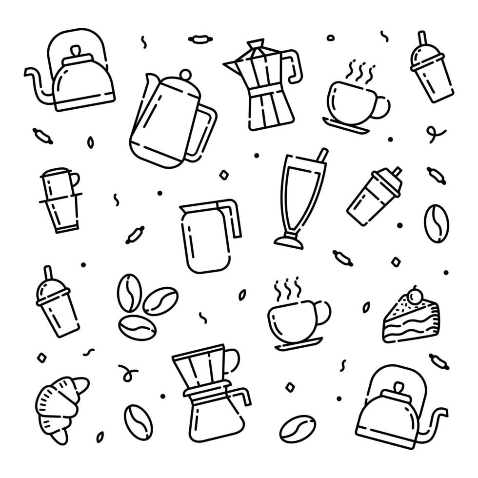 tiempo de café doodle iconos vectoriales dibujados a mano para papel tapiz de cafetería vector