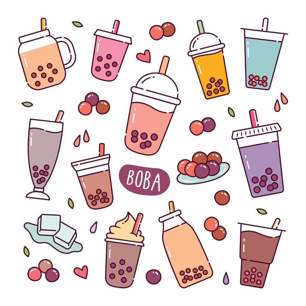 Boba drink doodle hand drawn vector icons