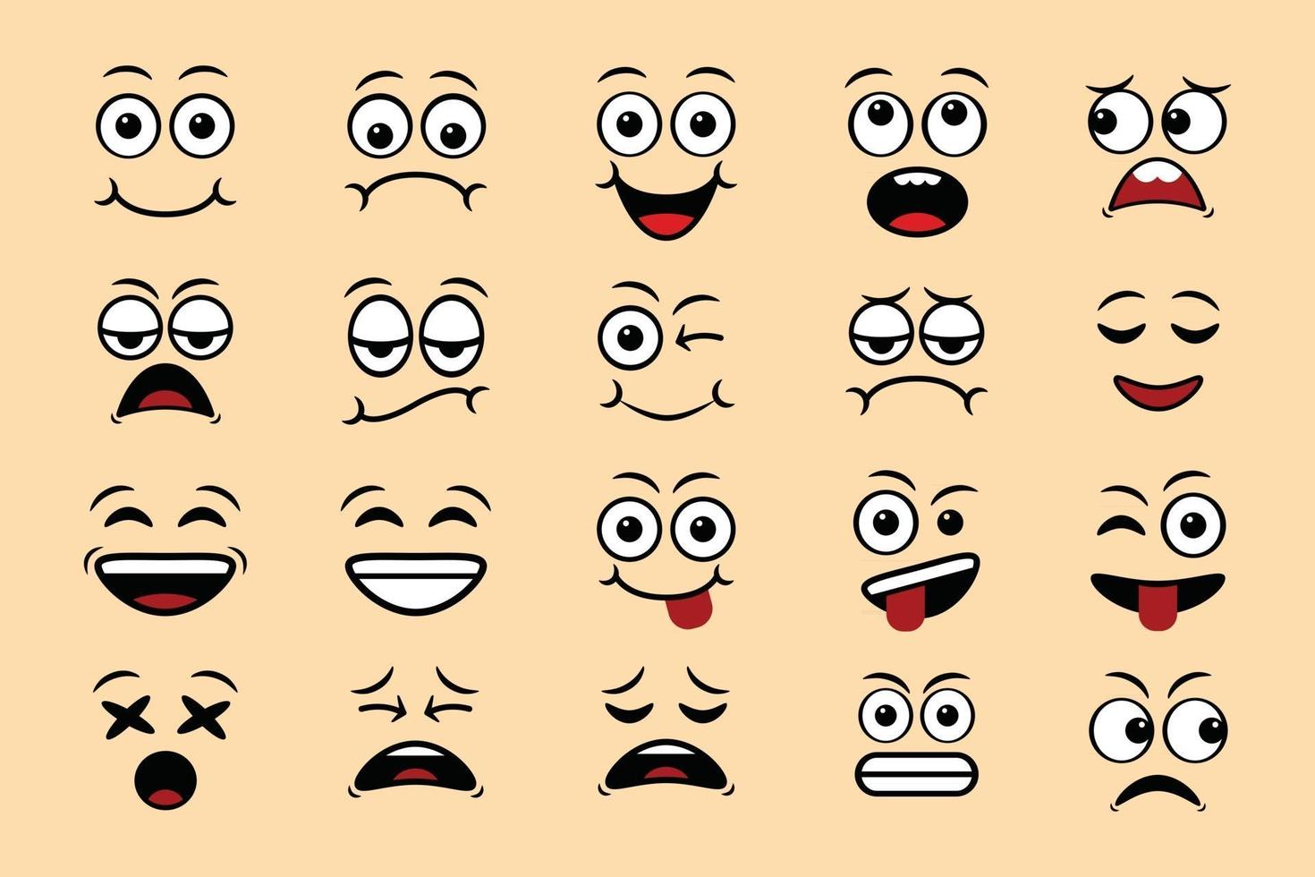 Cartoon face expressions doodle hand drawn emoticon isolated vector illustration