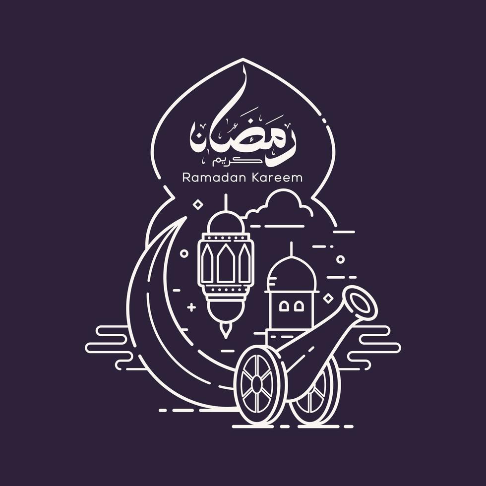 Ramadan kareem arabic calligraphy with mosque line art design vector