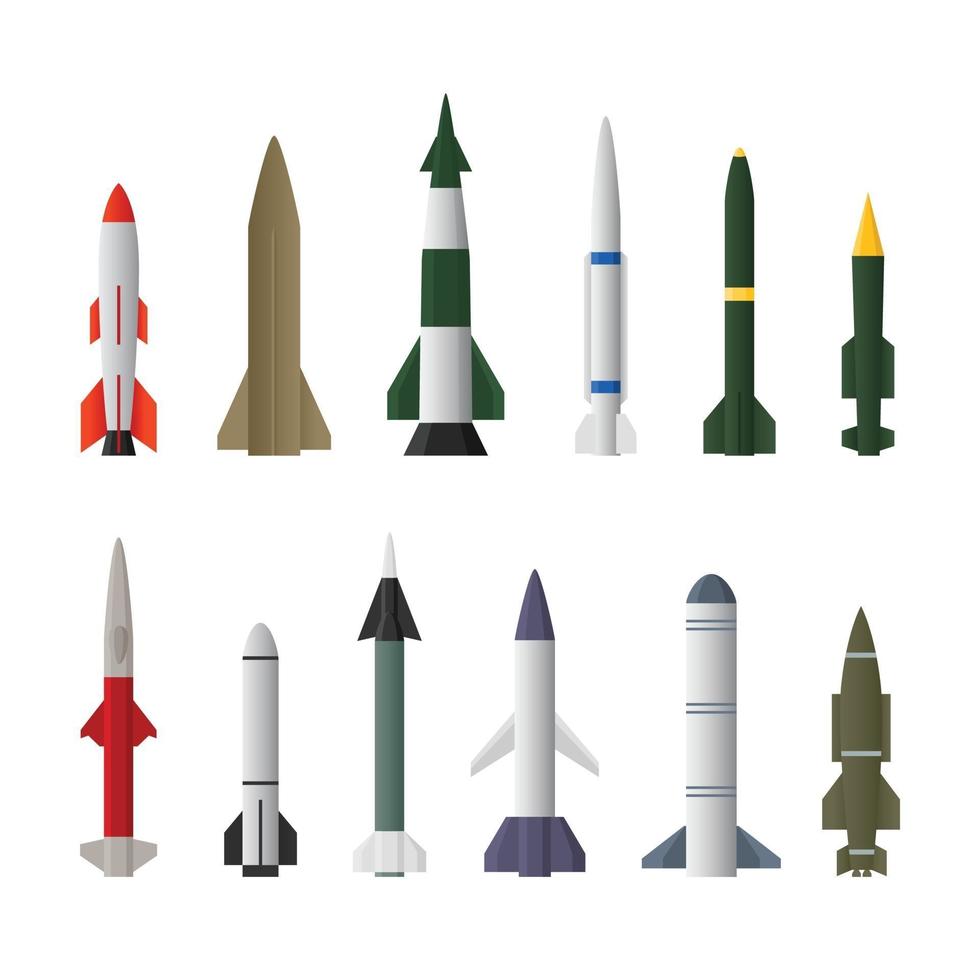 Misiles de aviones cohete en diferentes tipos aislado sobre un fondo blanco. vector