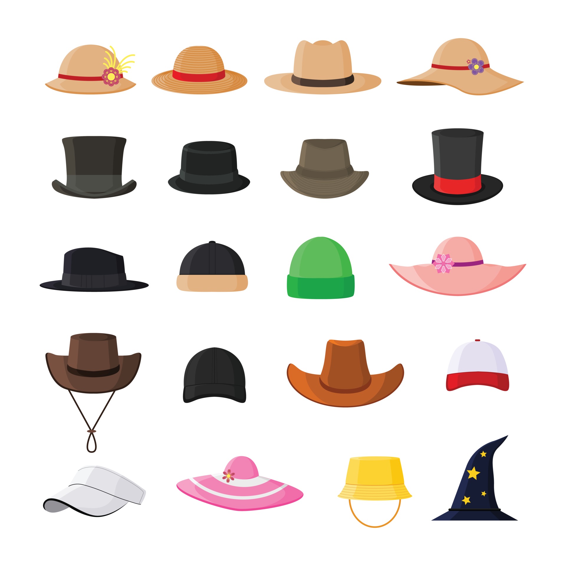 Set of hats in various model stylish vintage and modern flat vector ...