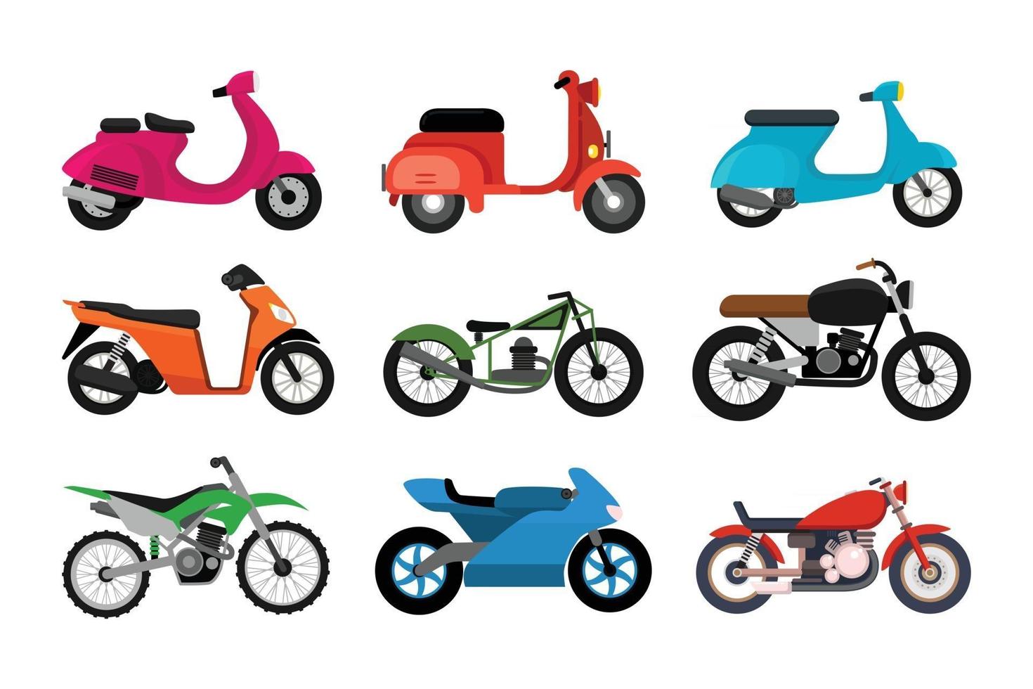 Conjunto de diferentes modelos de motocicletas aislado sobre fondo blanco. vector