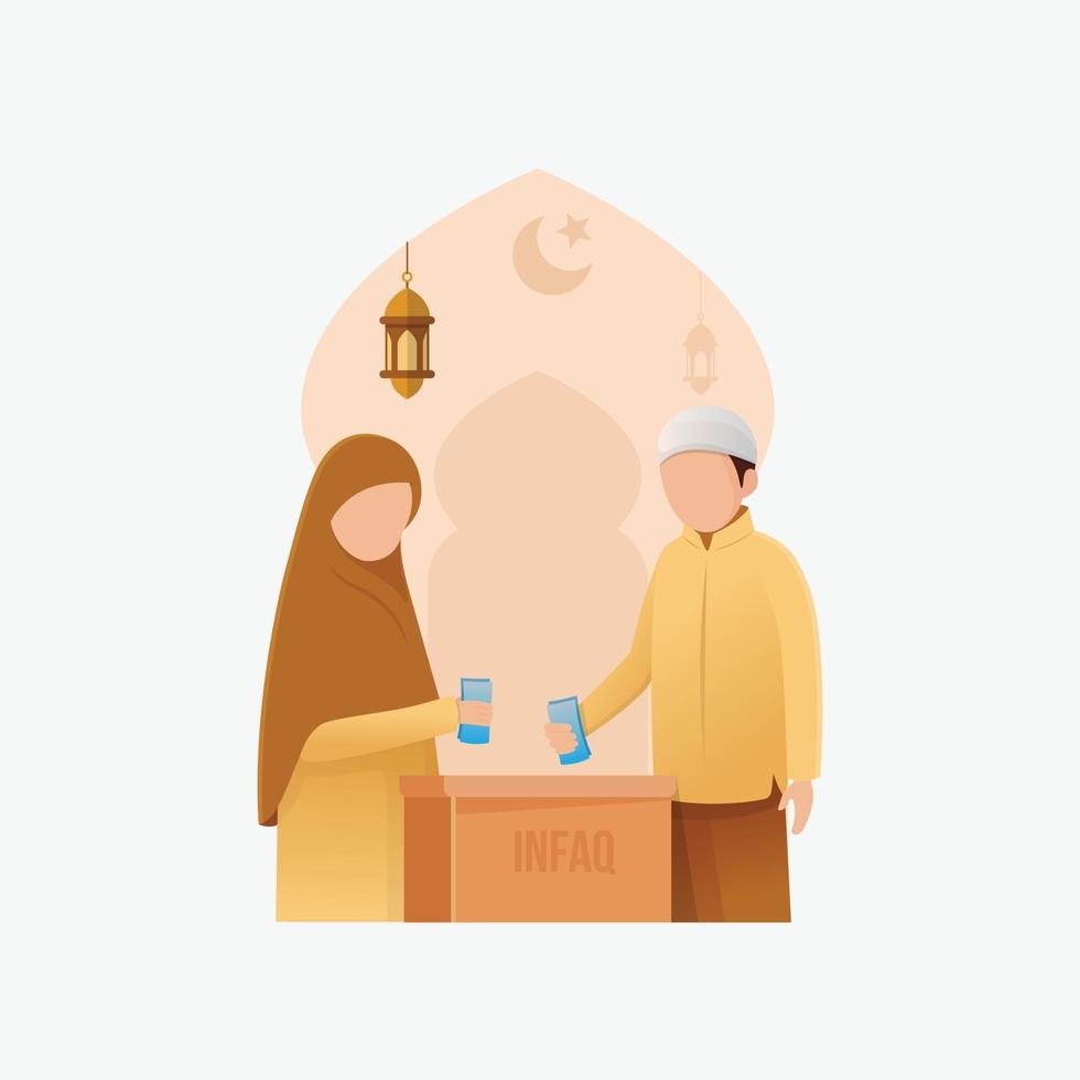 Muslim people giving donation in ramadan hoy month flat vector cartoon illustration