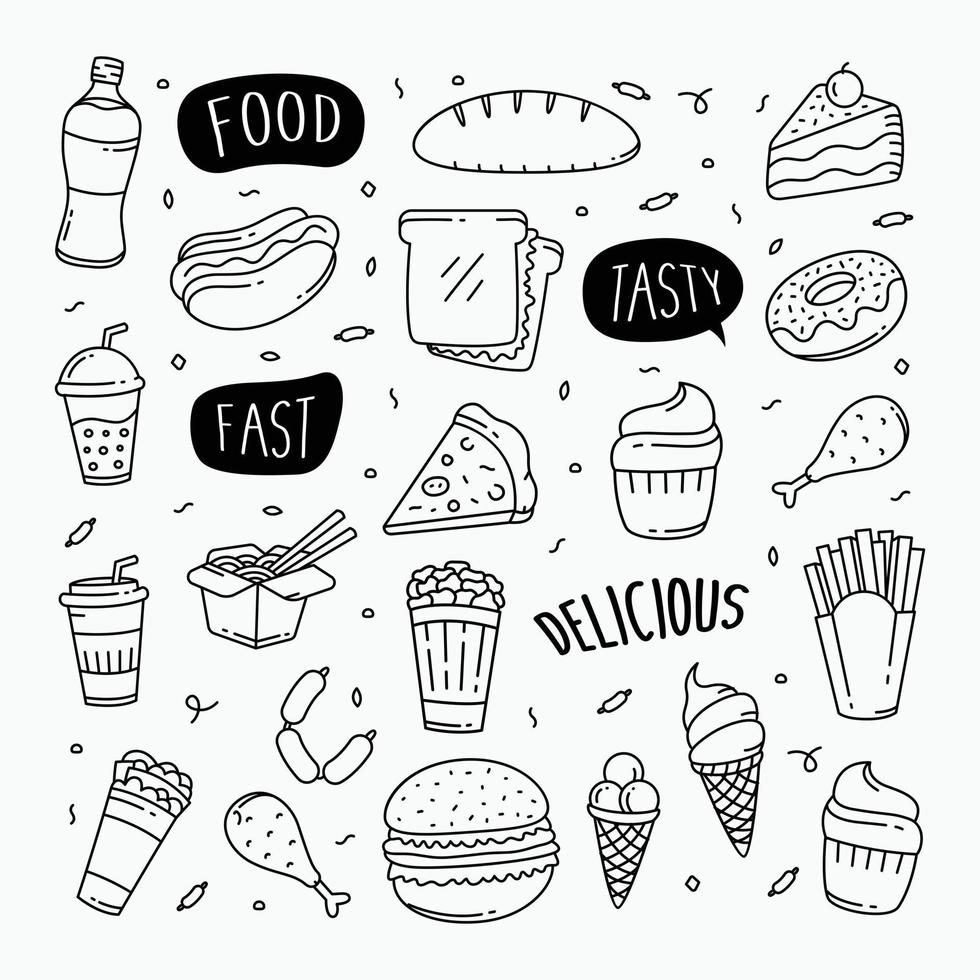 Fast food doodles hand drawn line art style object elements vector