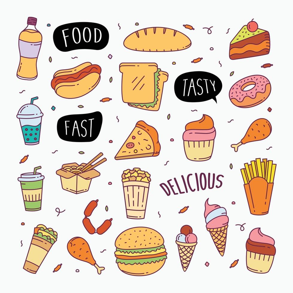 Fast food doodles hand drawn line art style object elements vector