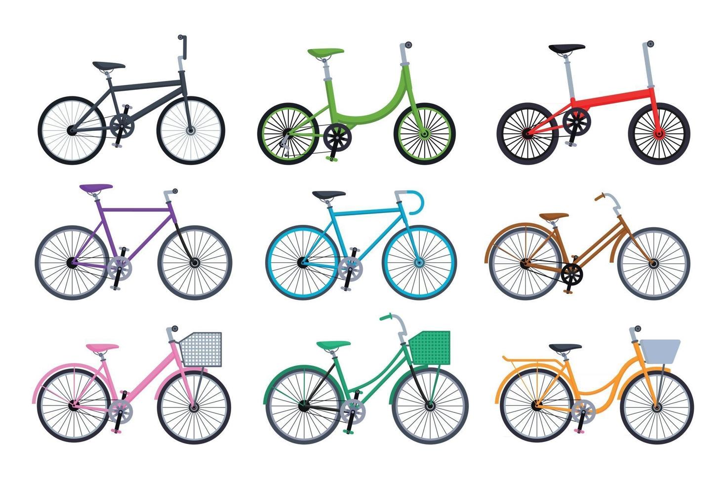 Conjunto de colección de bicicletas diferentes aislado sobre fondo blanco. vector