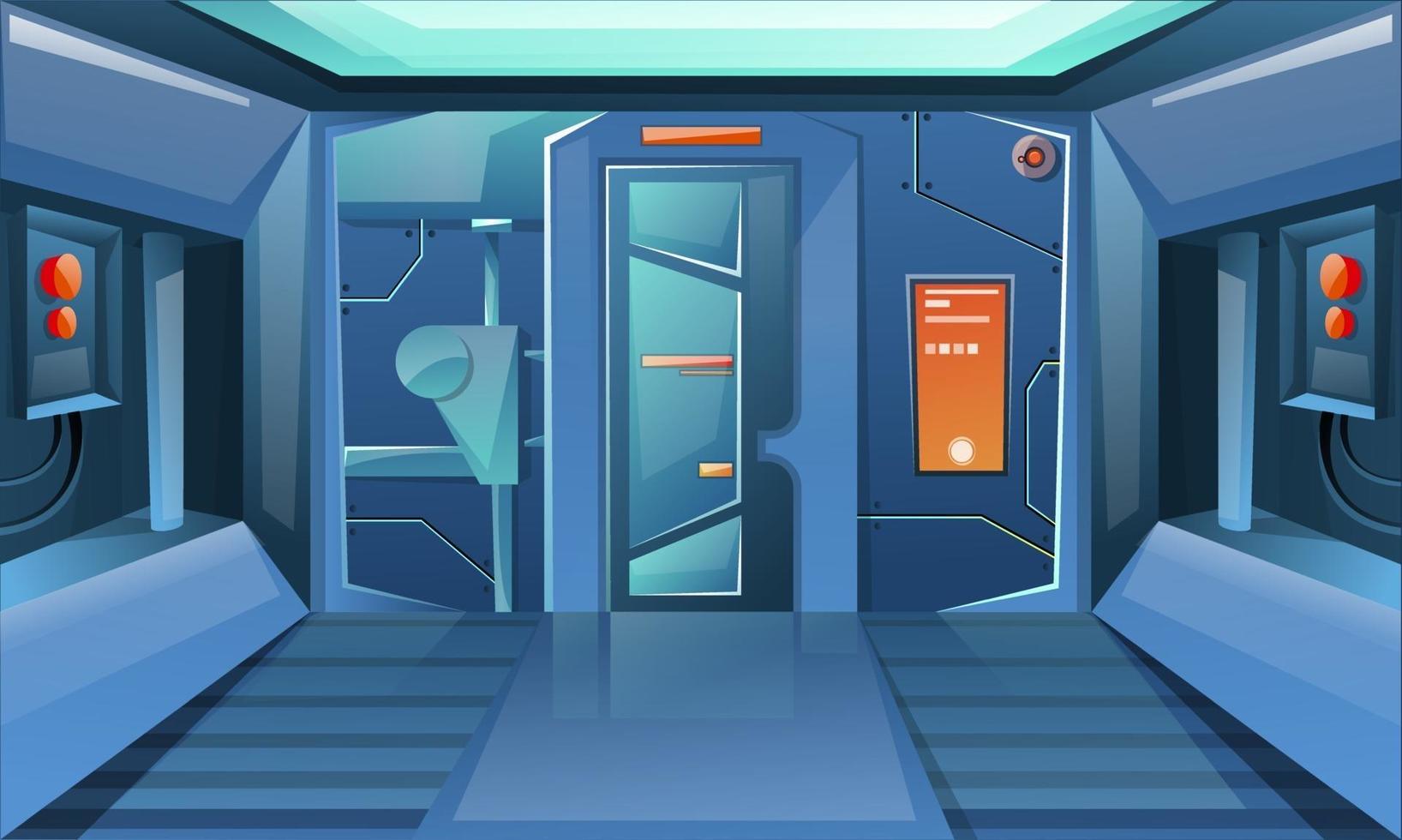 Hallway in spaceship with closed door vector