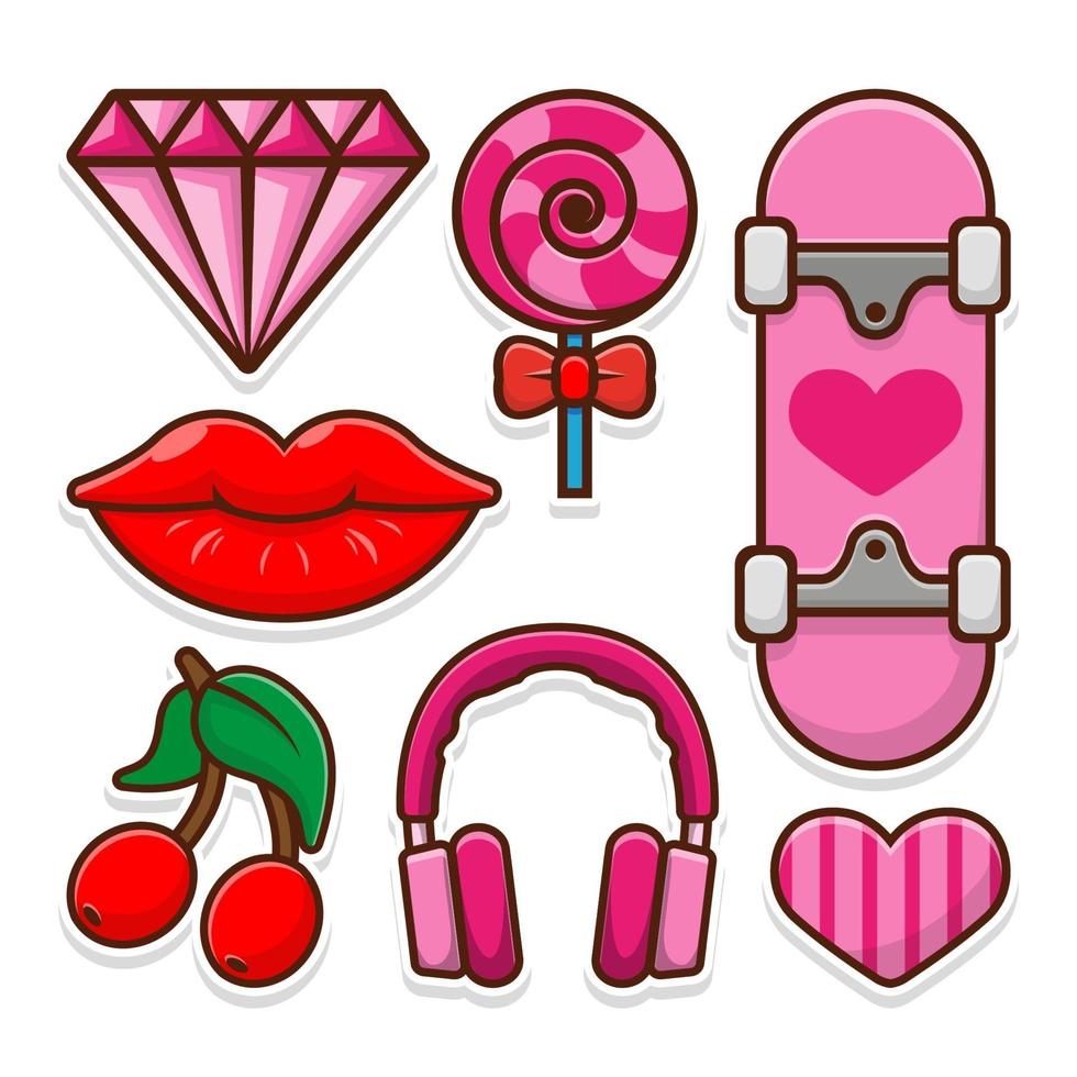 Girls sticker pack and patches in pink colors set vector