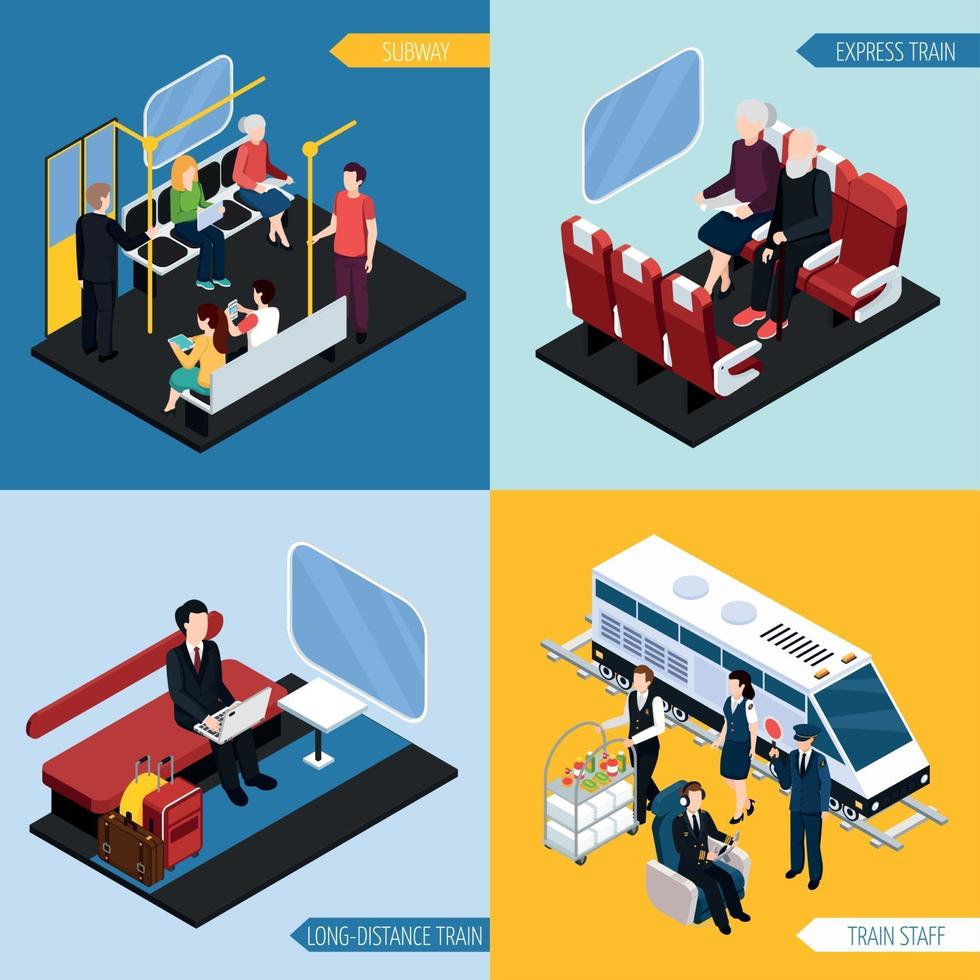 Train Interior Passengers Isometric Concept Vector Illustration