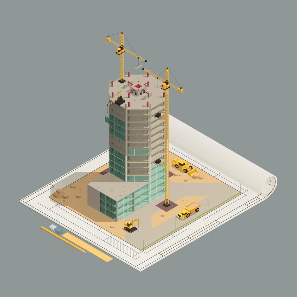 Skyscraper Construction Isometric Composition Vector Illustration