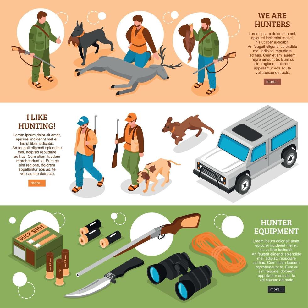 Hunting Isometric Banners Vector Illustration