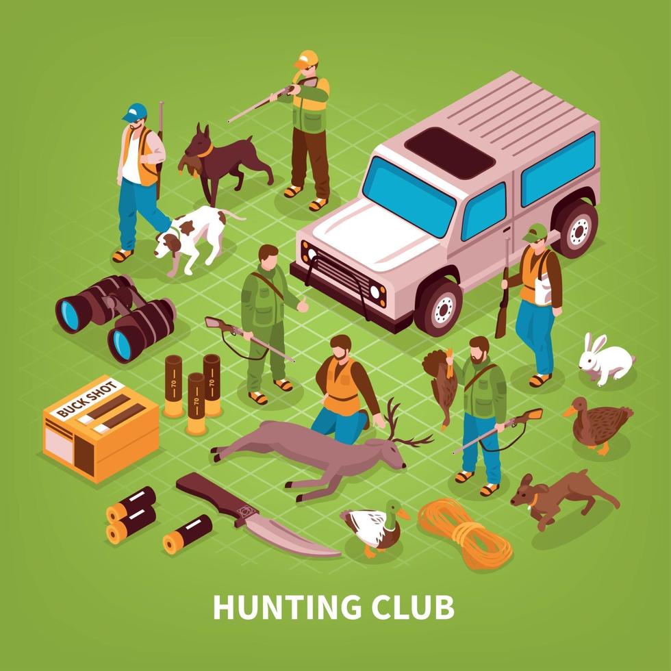 Ilustración de vector de cartel isométrico de club de caza