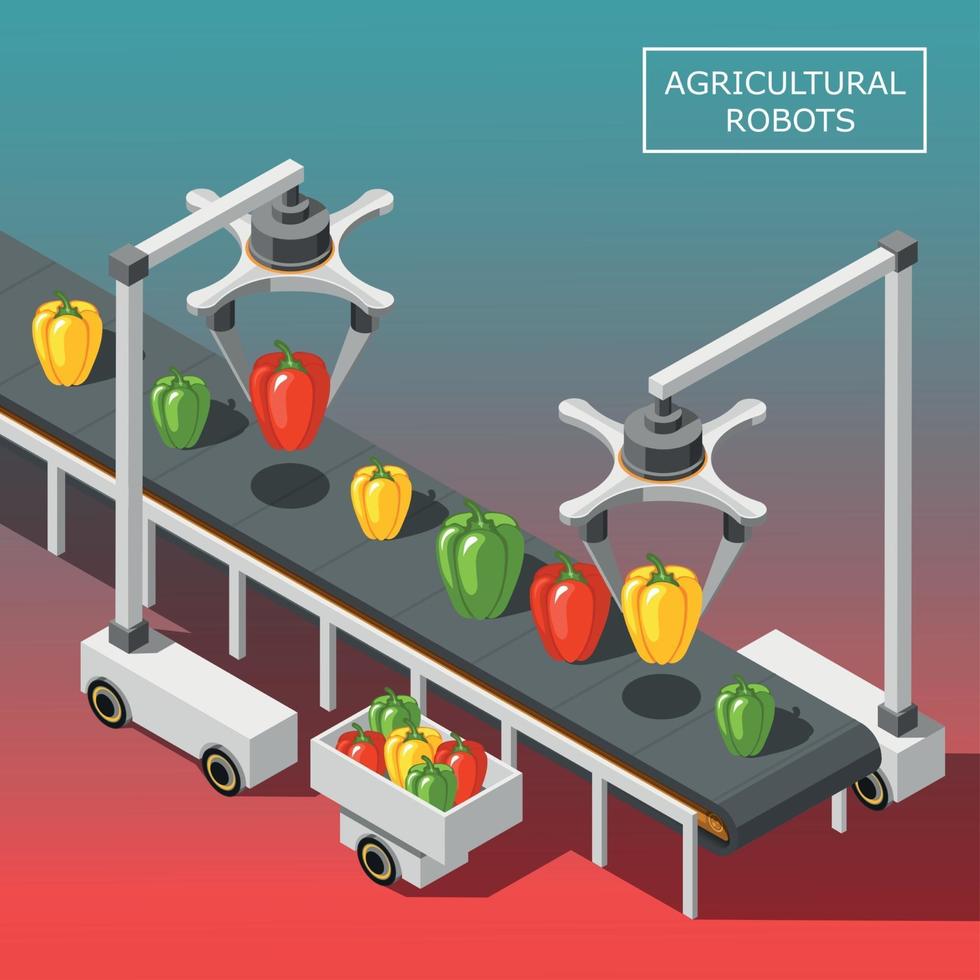Agricultural Robots Isometric Background Vector Illustration
