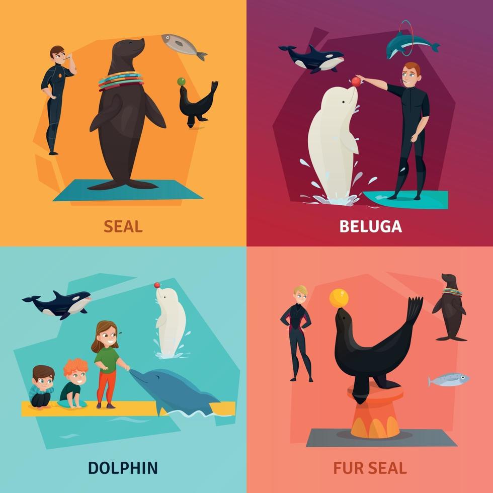 Los iconos del concepto de espectáculo del delfinario establecen ilustración vectorial vector