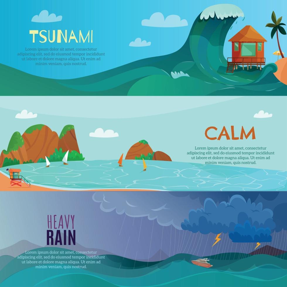 Seaside Landscapes Banners Set Vector Illustration