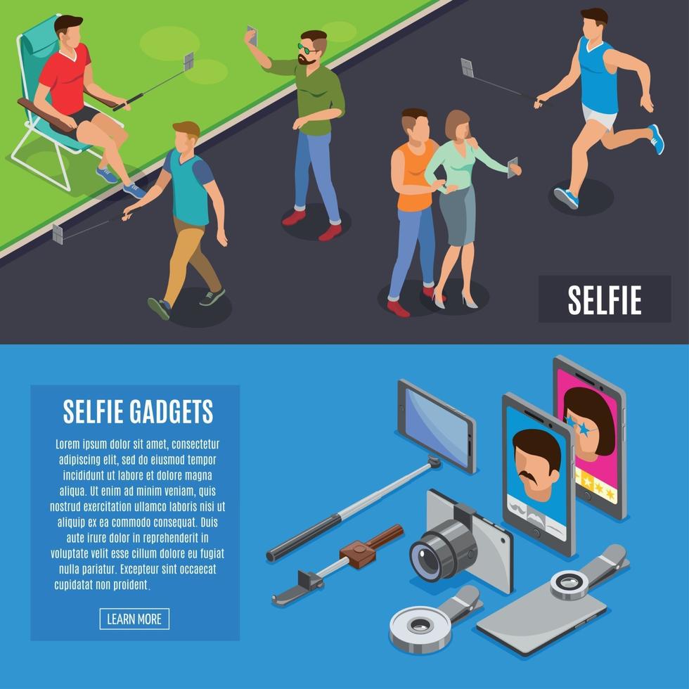 Foto social selfie banners isométricos ilustración vectorial vector
