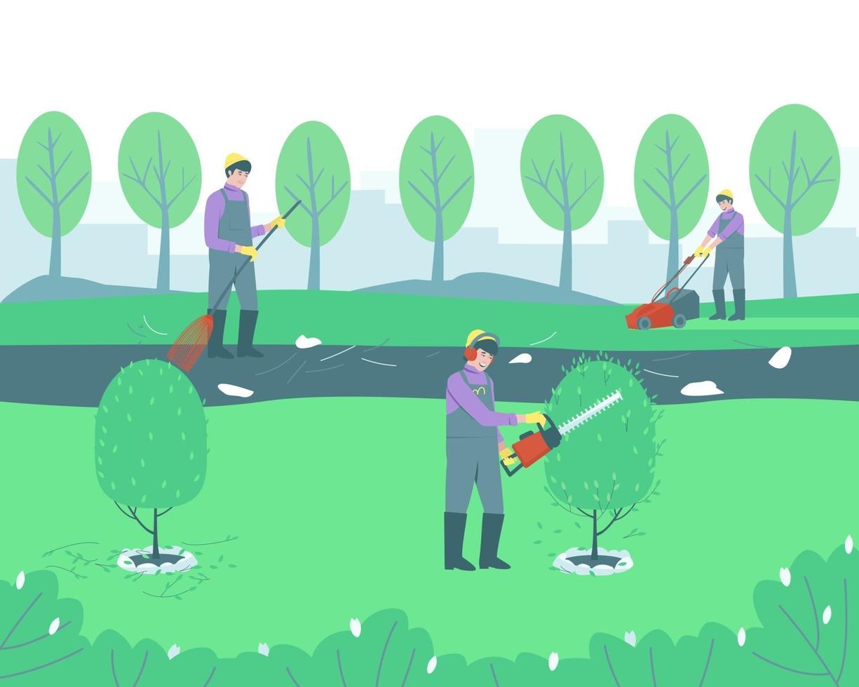 Gardening handyman cleaning the park vector