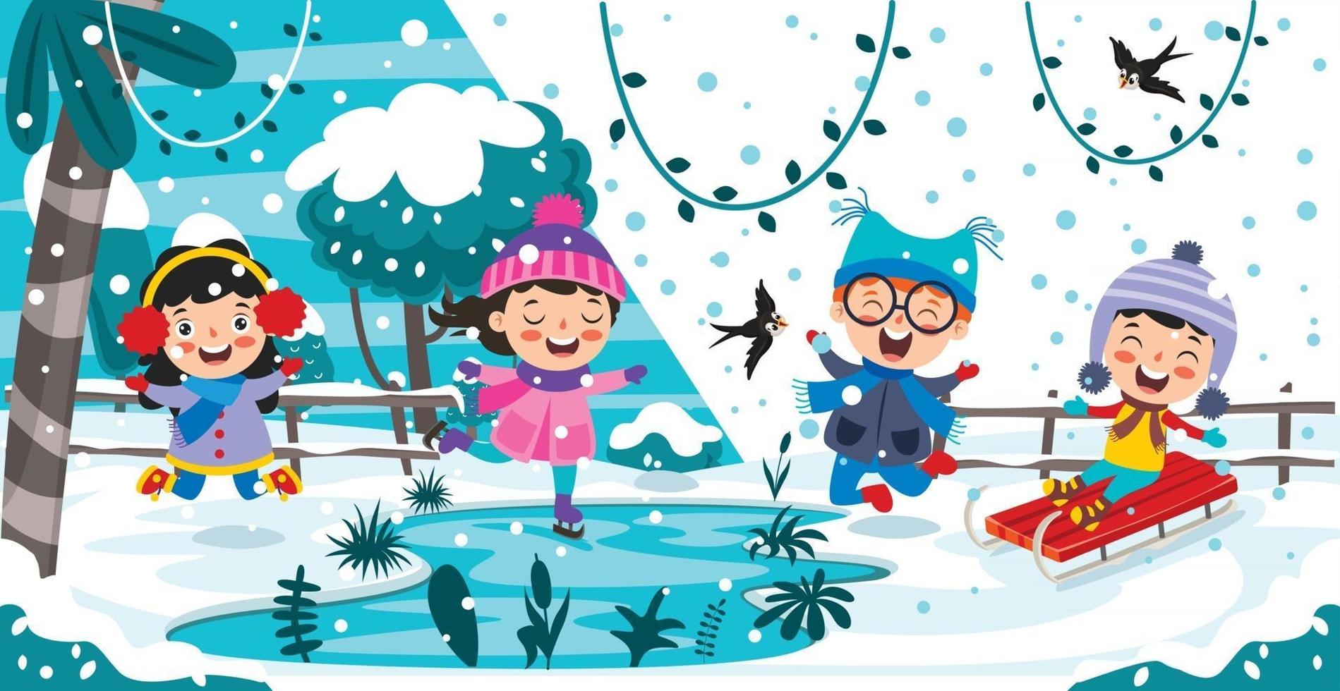 niños divertidos jugando en invierno vector