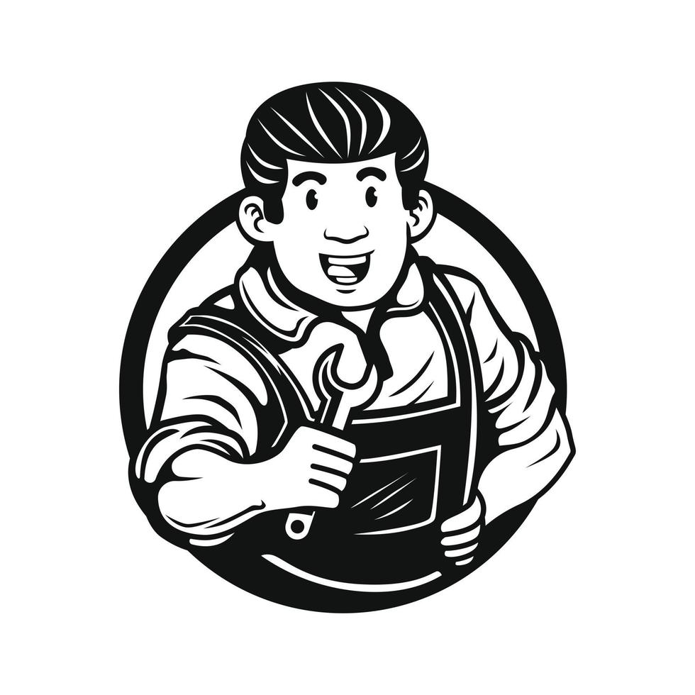 Illustration of a smiling mechanic worker holding wrench vector illustration