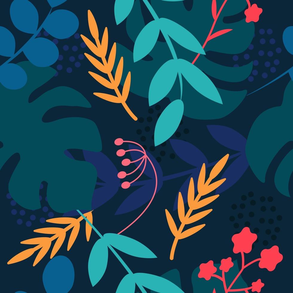 Tropical plants on a dark blue background. Monstera leaves palm trees vector