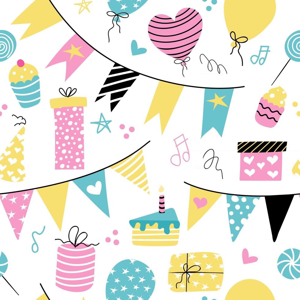 Birthday decor balloons cakes gifts holiday flags Vector seamless pattern