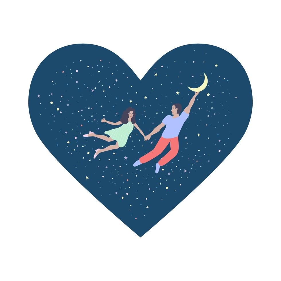 Feliz día de San Valentín. una pareja enamorada vuela en el cielo estrellado. vector