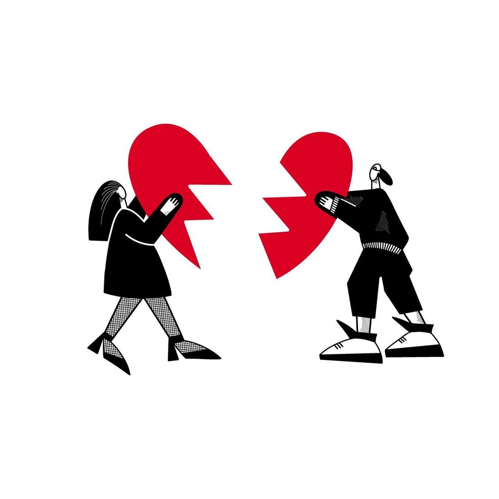 A guy and a girl are holding a broken heart. A couple in love tries to restore their relationship. Vector illustration