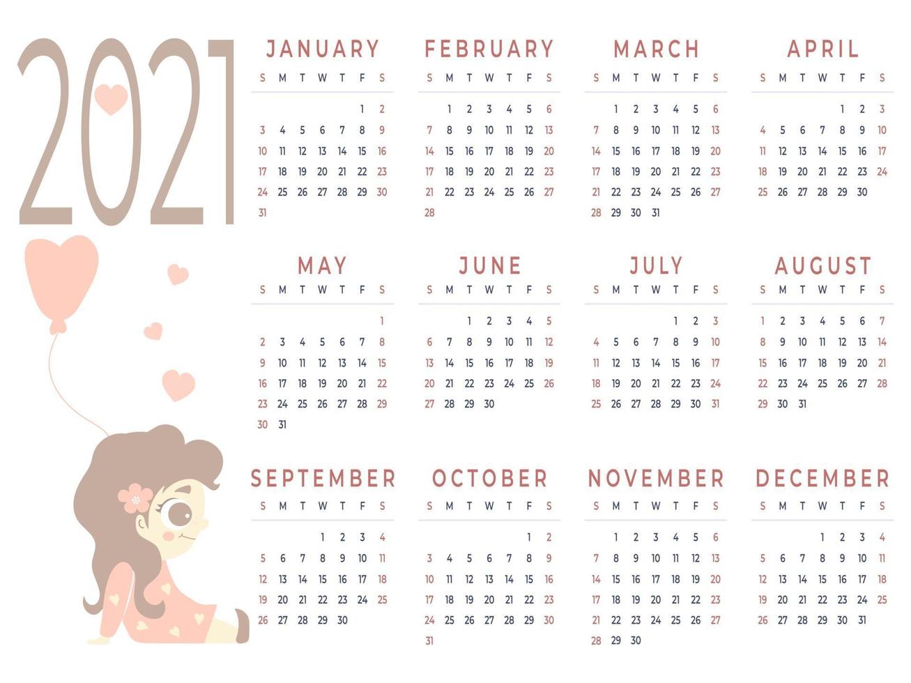 Calendar 2021  12 months Vector