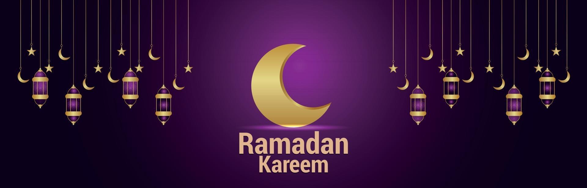 Ramadan kareem islamic festival banner or header with arabic golden lantern and moon vector