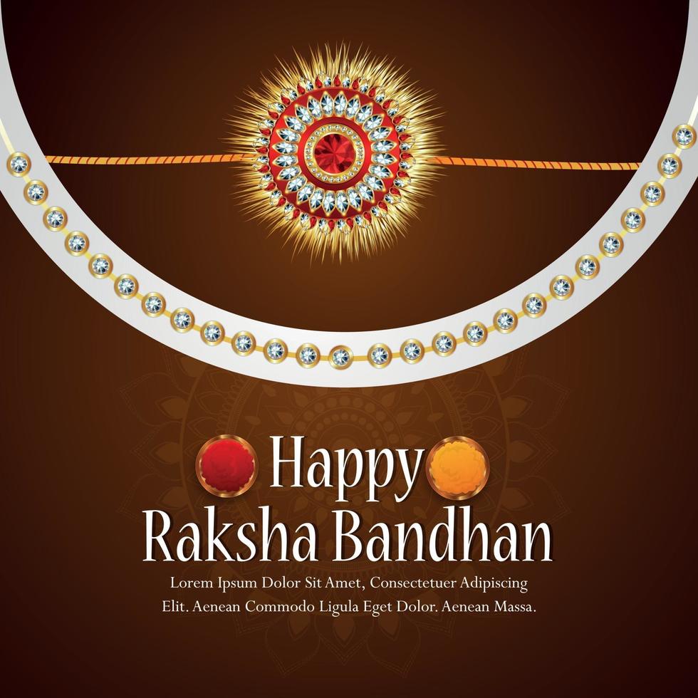 Realistic vector illustration of happy raksha bandhan invitation greeting card with crystal rakhi and pooja thali
