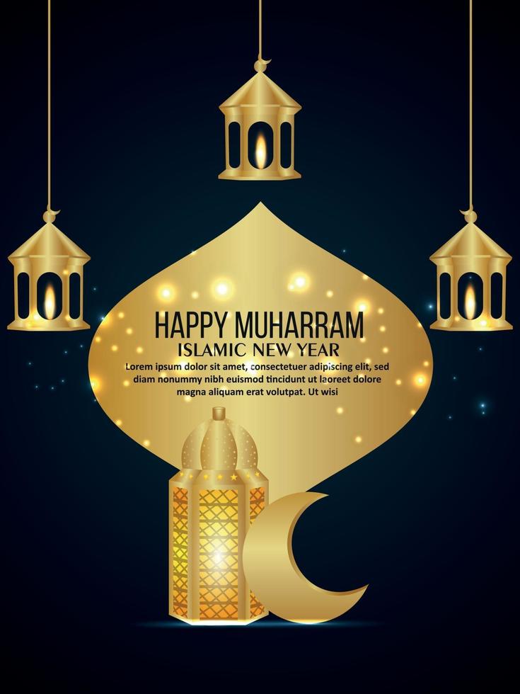 Happy muharram islamic new year with golden lantern and moon vector