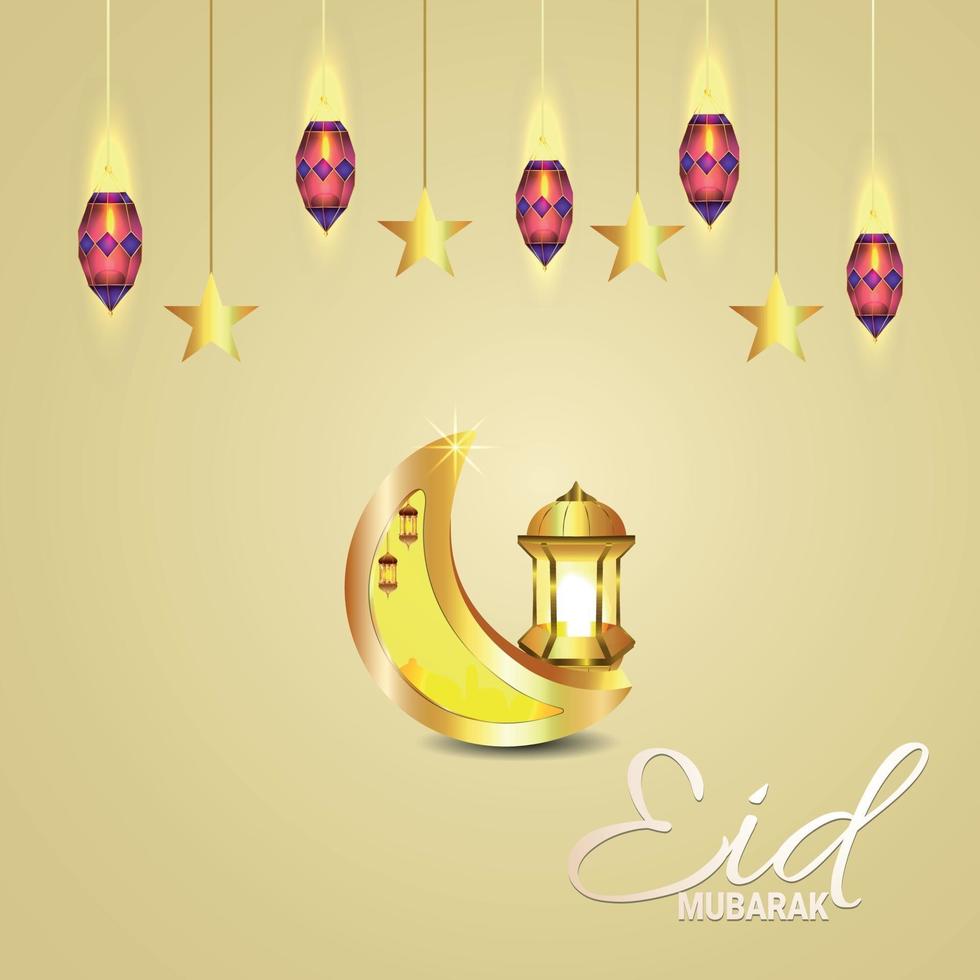 Ilustración de vector de eid mubarak o ramadan kareem con linterna dorada sobre fondo plano