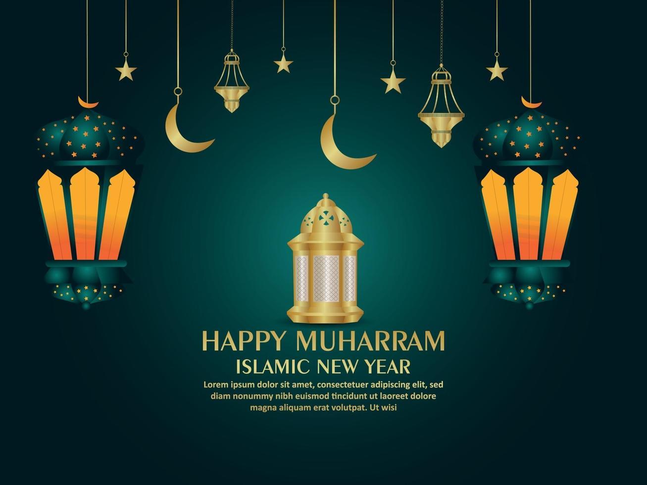 diseño plano de feliz muharram ilustración vectorial con linterna dorada vector