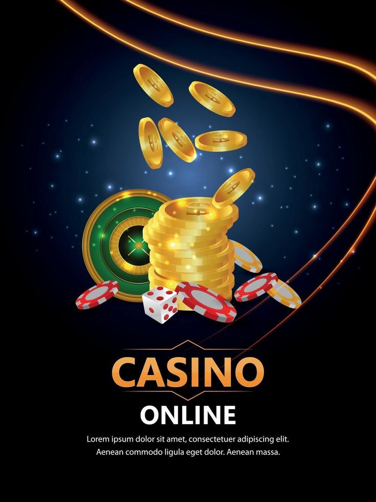 Realistic casino vector illustration with roulette wheel chips and gold coin