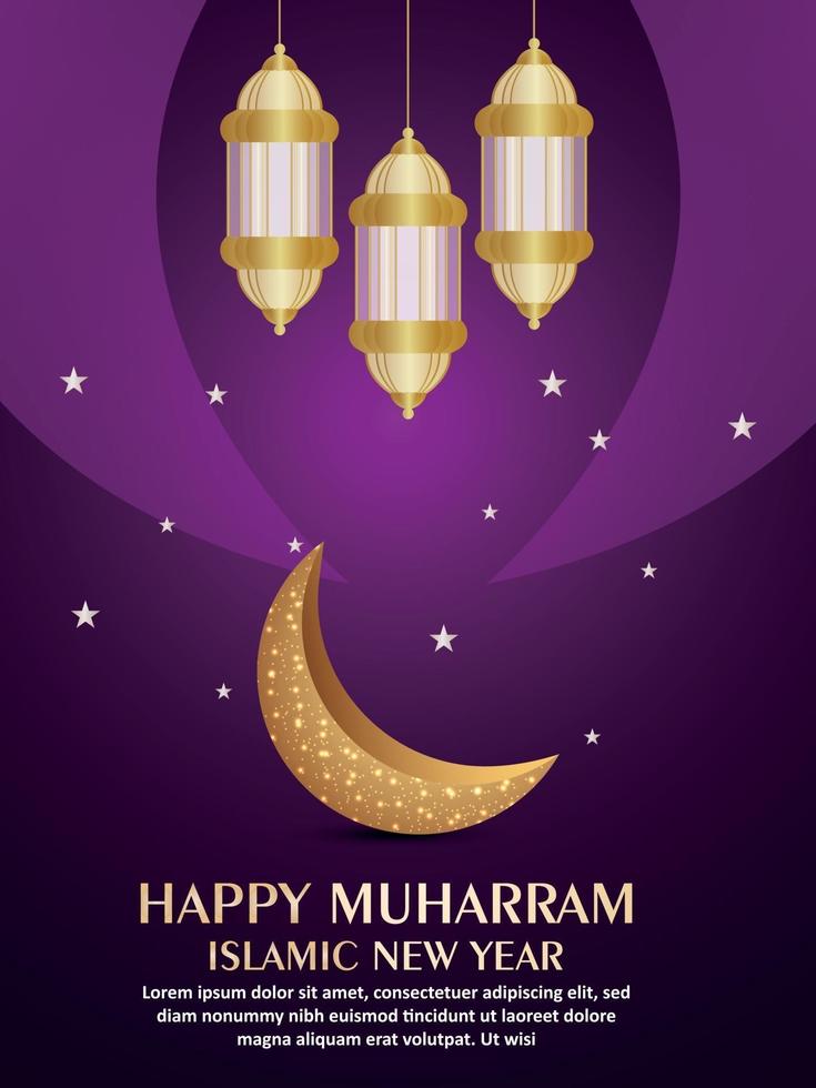 Islamic festival happy muharram party flyer with realistic golden moon and arabic lantern vector