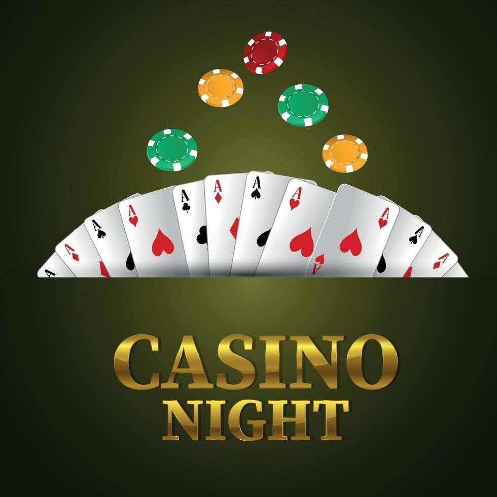 Fondo de noche de casino con texto dorado con fichas de naipes vector