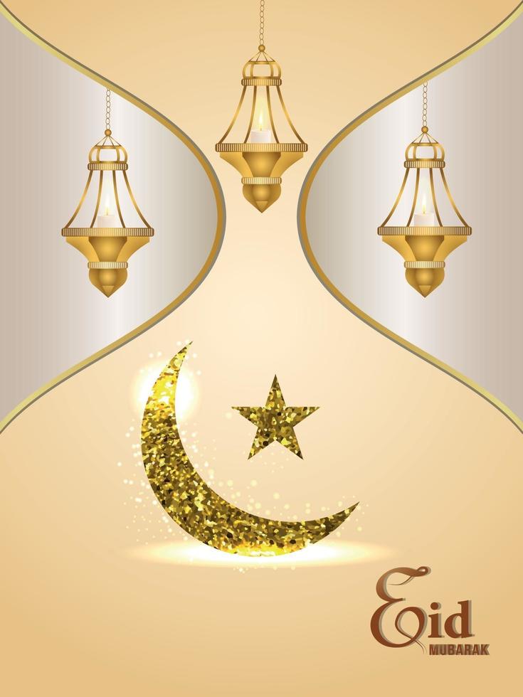 Ilustración de vector elegante de invitación de eid mubarak con linterna dorada y luna sobre fondo creativo