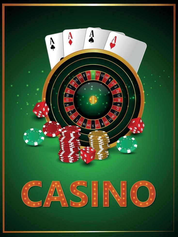 Casino gambling game with realistic roulette wheel playing chips and dice vector