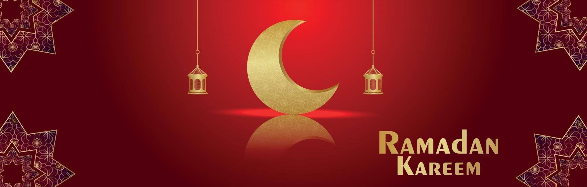 Ramadan kareem islamic festival with golden moon on red background vector