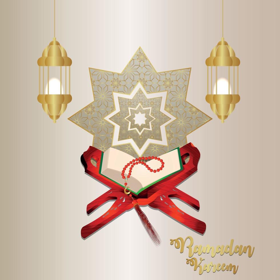 Realistic ramadan mubarak festival with elegant white and golden luxury ornamental on white background vector