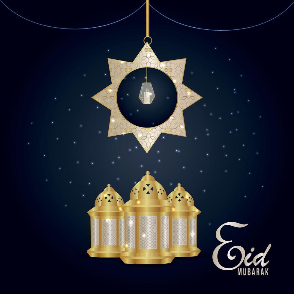 Eid mubarak arabic islamic festival background with realistic lantern vector