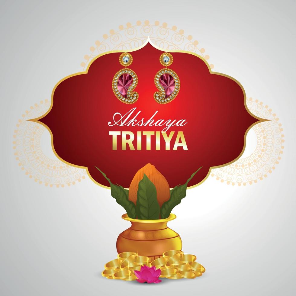 Akshaya tritiya illustration with gold coin and kalash with diamond earings vector