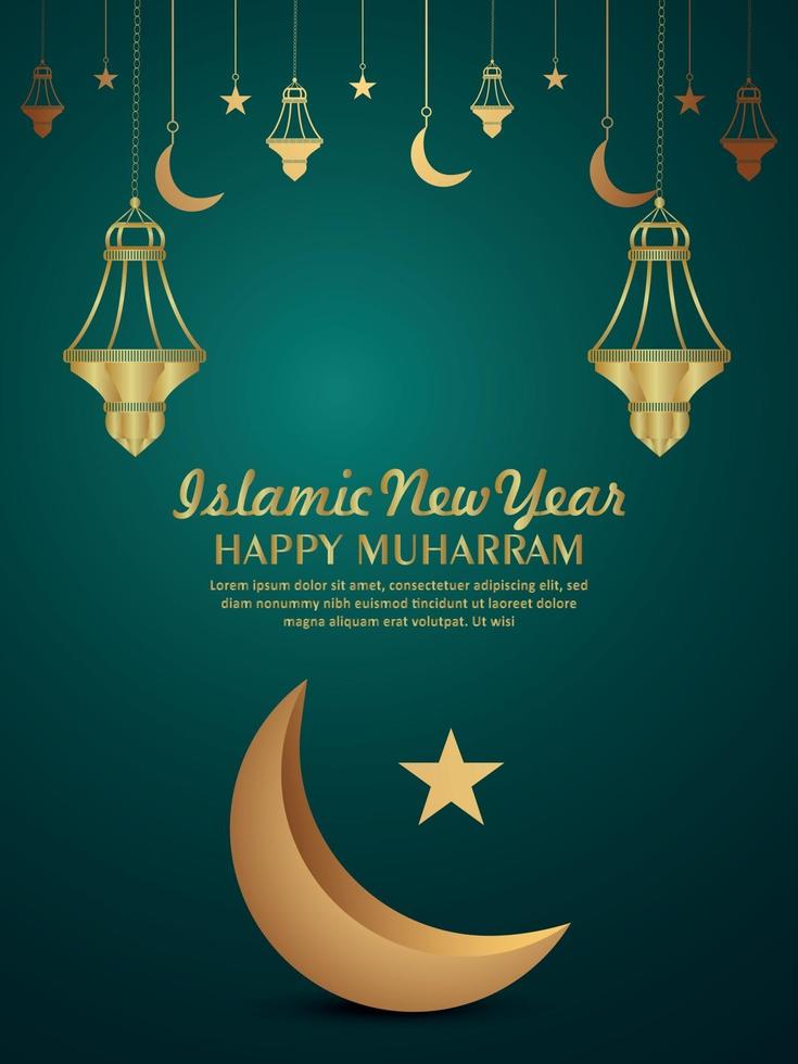 Islamic new year happy muharram invitation party flyerwith golden moon vector