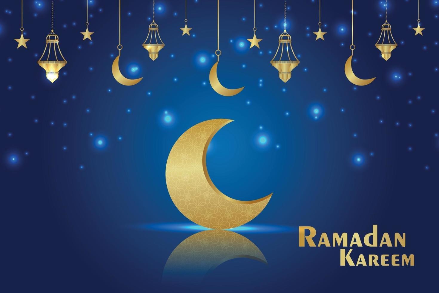 festival islámico de ramadan kareem fondo con luna dorada sobre fondo azul vector