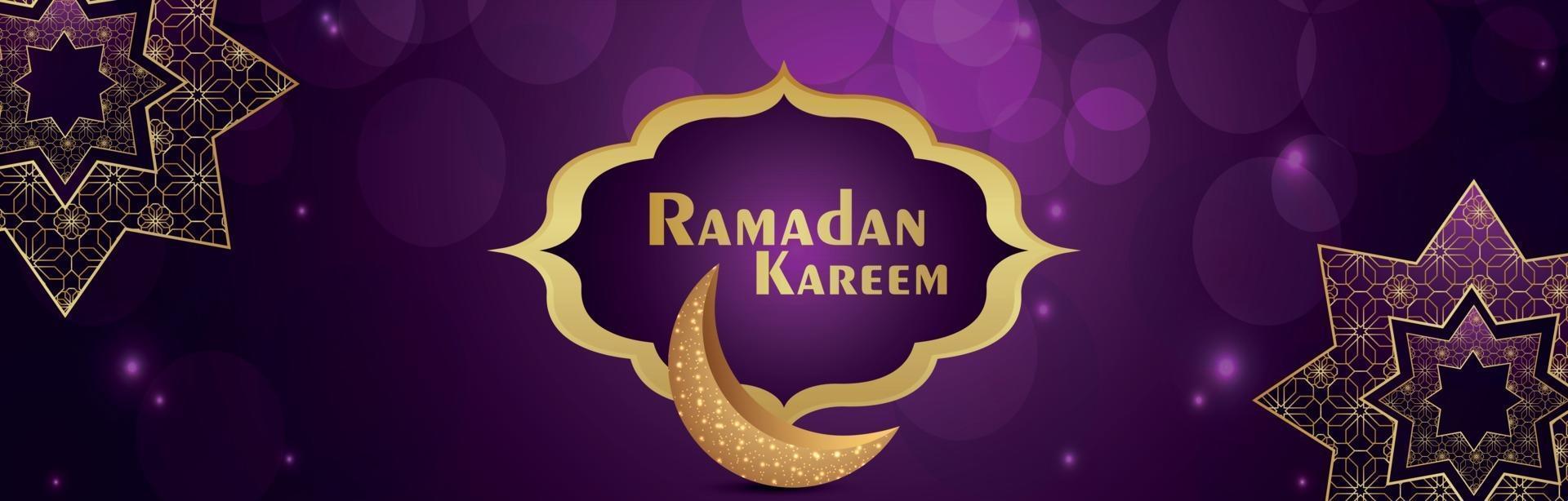 Ramadan kareem islamic festival with golden moon on purple background vector