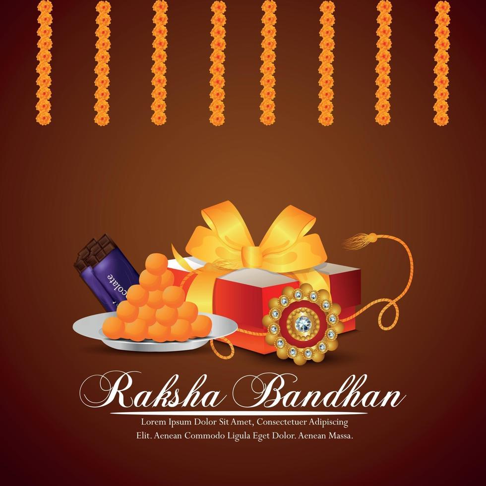 Ilustración de vector creativo de feliz tarjeta de felicitación de invitación raksha bandhan con regalos y rakhi y flor de guirnalda